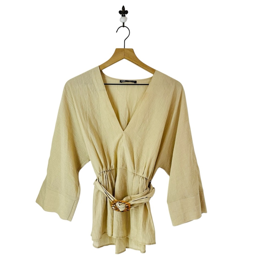 Zara Gauze Drop Shoulder Belted V-Neck Top Small Beige - Picture 1 of 7